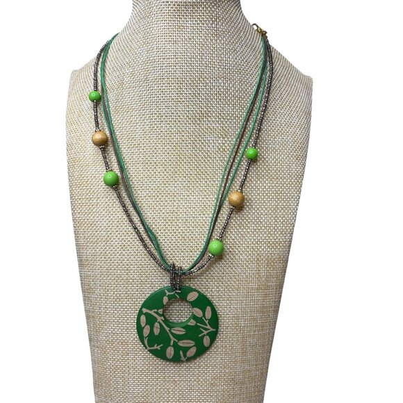 BOHO Necklace Wood Pendant beads and cord Green Leaf Print - Picture 1 of 5